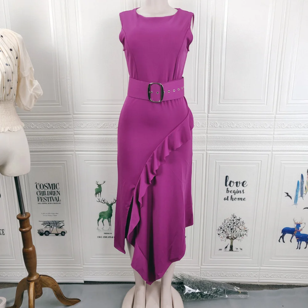 Платье женское ассиметричное с оборками пикантное вечернее миди-платье розового