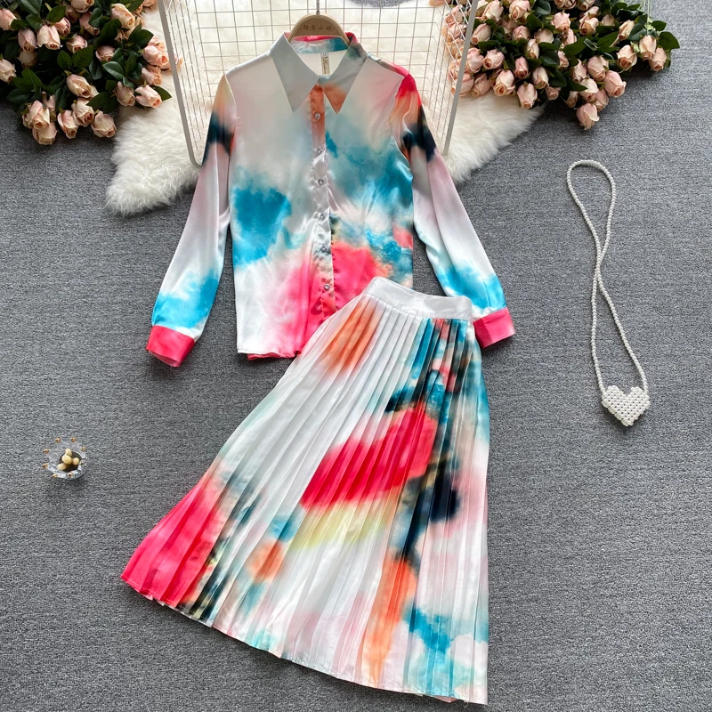 

Spring Fashion Runway Midi Skirt Sets Women's Long Sleeve Gradient Color Blouses Shirt and Pleated Skirts Two Piece Suit N61005