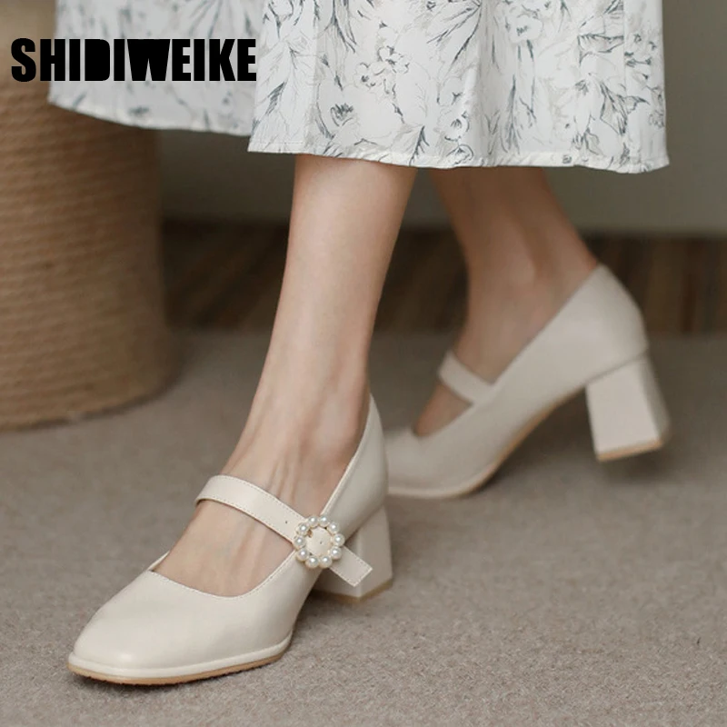 

Жемчуг Ремешок на щиколотке в стиле «Мэри Джейн» туфли для женщин; Удобная обувь на среднем каблуке; Женская офисная обувь квадратный носок ...