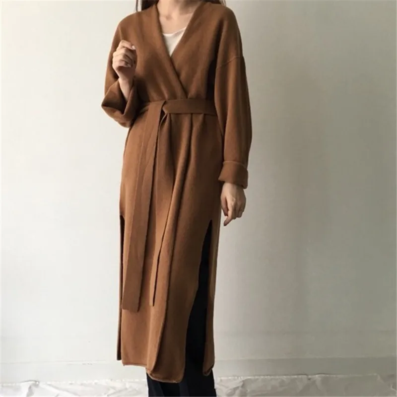 Autumn Winter Women's Cardigan Simple Belt Female New Fashion Long Coat Loose Type Wool Knitted Cardigan Female Outwear