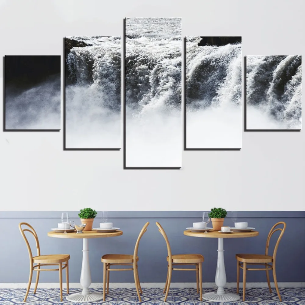 

5 Pieces Waterfall Canvas Painting Spray Wallpapers Landscape Posters Cliff Stream Picture For Home Room Decor Artwork Furniture