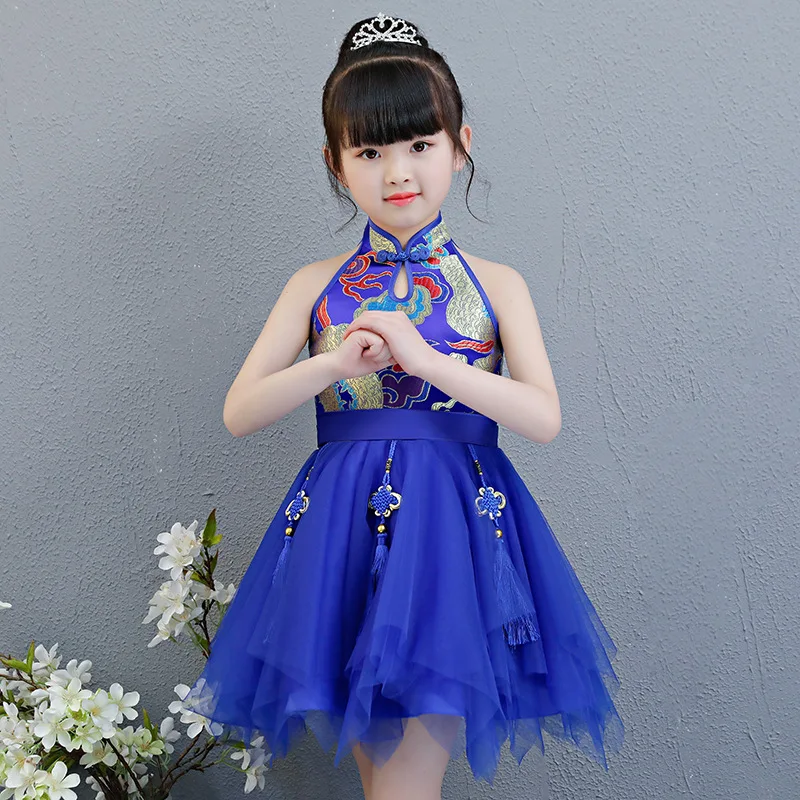 

Blue Kids Baby Girls clothes Princess Mandarin Collar sleeveless cheong-sam Chinese Style casual Party Dresses Pageant Dresses