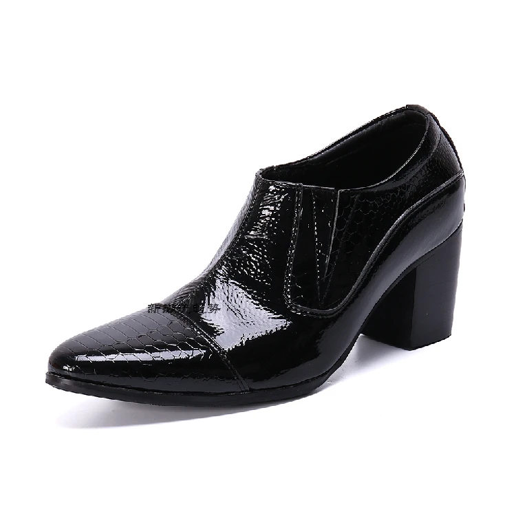 Zapatos De Hombre/черные лакированные туфли на высоком каблуке из змеиной кожи Мужские