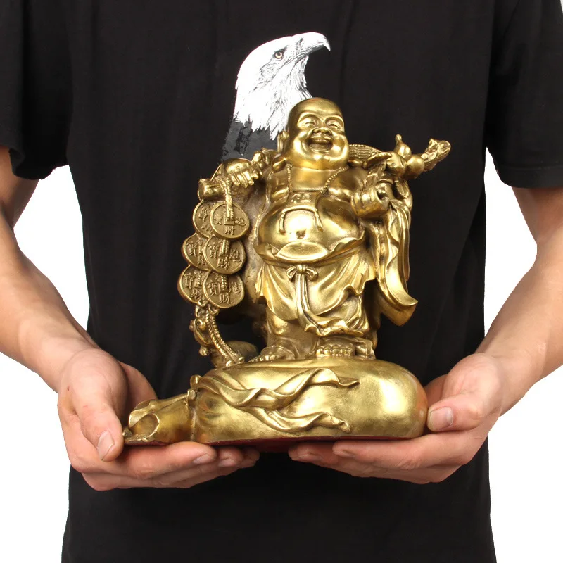 

MOZART Pure Copper Laughing Buddha Lifting Gold Coins Buddha Money Bag Maitreya Buddha Ornaments, small