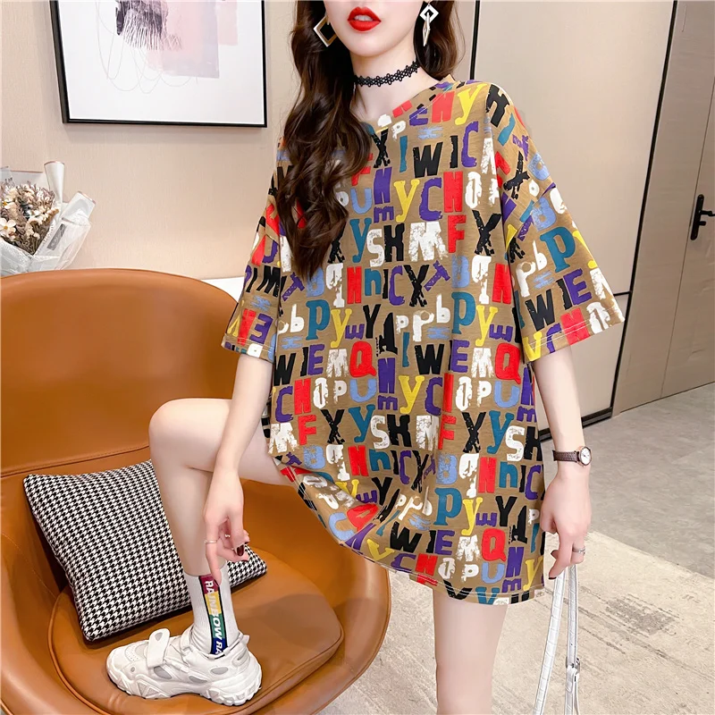

Women's Mid-Length Short-Sleeved T-shirt Loose 2021 New Summer Korean Style Ins Fashion Student plus Size Versatile Half-Length