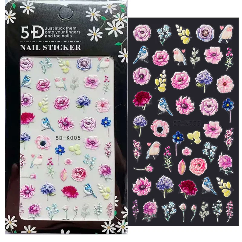 

1 Sheet -5D Embossed Pink/White Flowers with Textured 3D Water Sliders, Water Decal, Nail Art Adhesive 3D, Flower Design Sticker