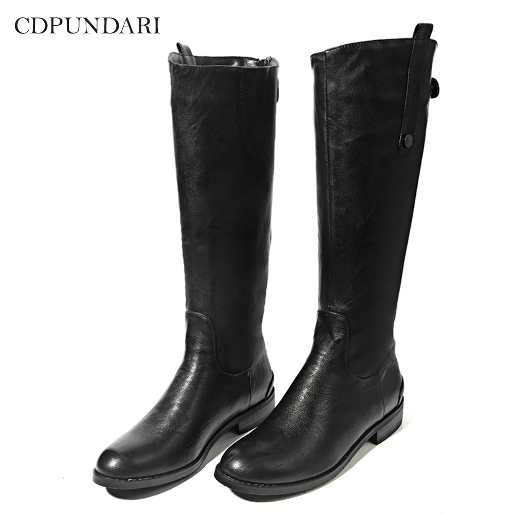 

CDPUNDARI Horse Riding Boots For Women Black Calf Boots Ladies Low Heels Autumn Winter Long Boots Shoes Woman Brown