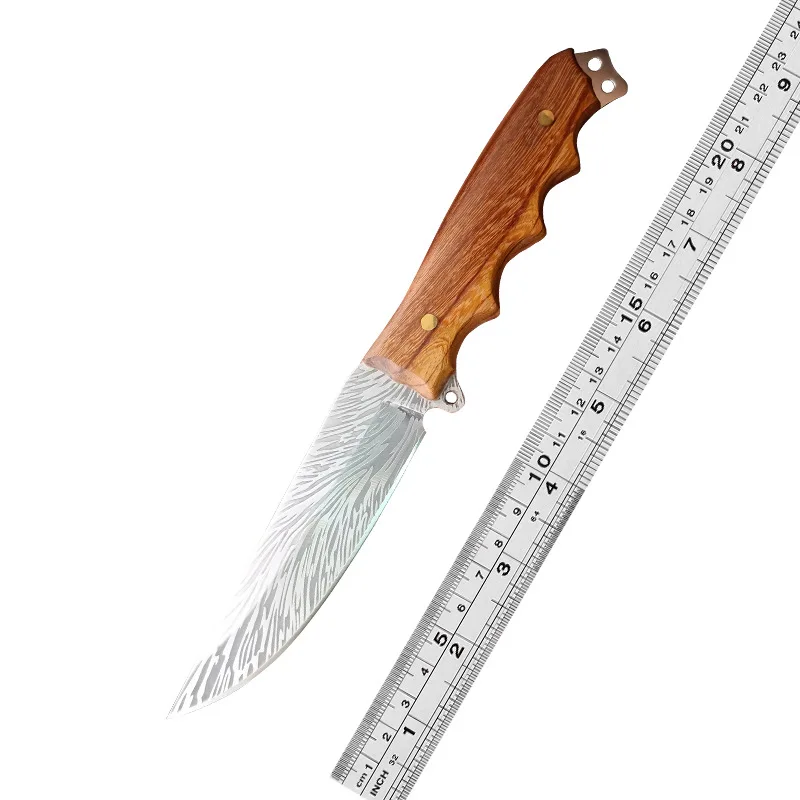 

Outdoor Straight Knife 5cr13mov Blade Wood Handle Steel Hunting Tactical Camping Survival Rescue Edc Tool and Leather Case