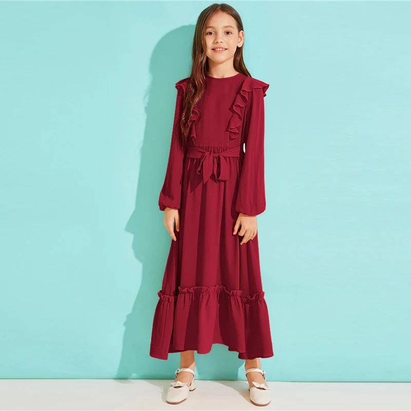 SHEIN Kiddie/однотонное платье с оборками на подоле для девочек с поясом; коллекция года; сезон осень; милые детские макси платья с высокой талией на молнии сзади