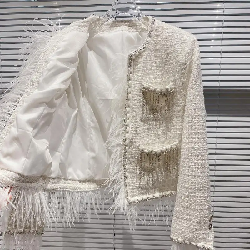 

Cropped Jacket 2020 Autumn New Streetwear Burrs Tassel Chain Pocket Woven Tweed Coat Lady Elegant Feather Stitching Short Jacket