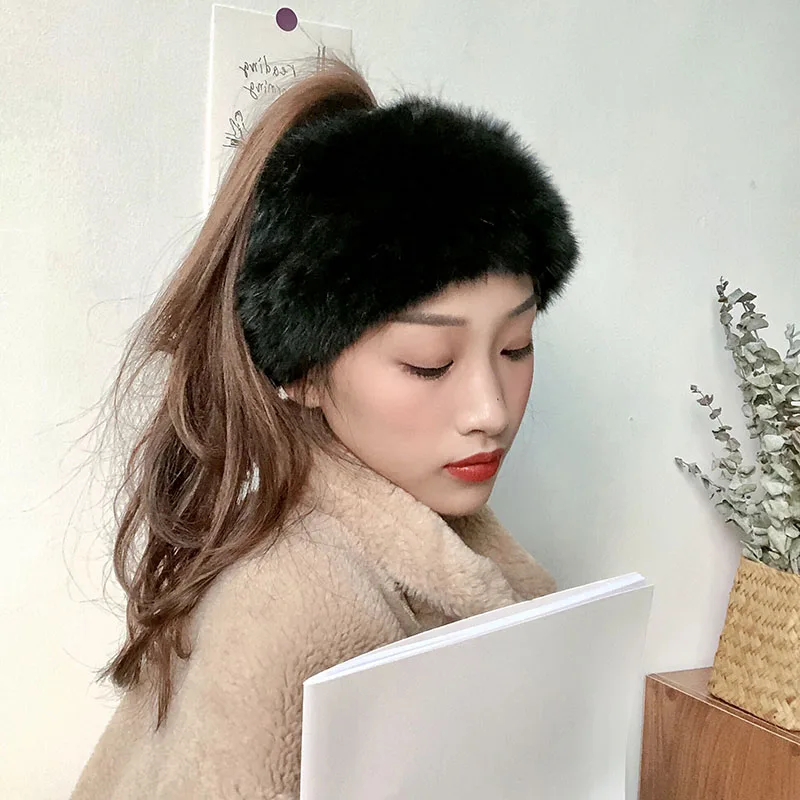 

Black Rabbit Fur Headband Women Autumn Winter Outdoors Warm Fluffy Fur Hairband Fashion Vintage Broad Headwear Hair Accessories