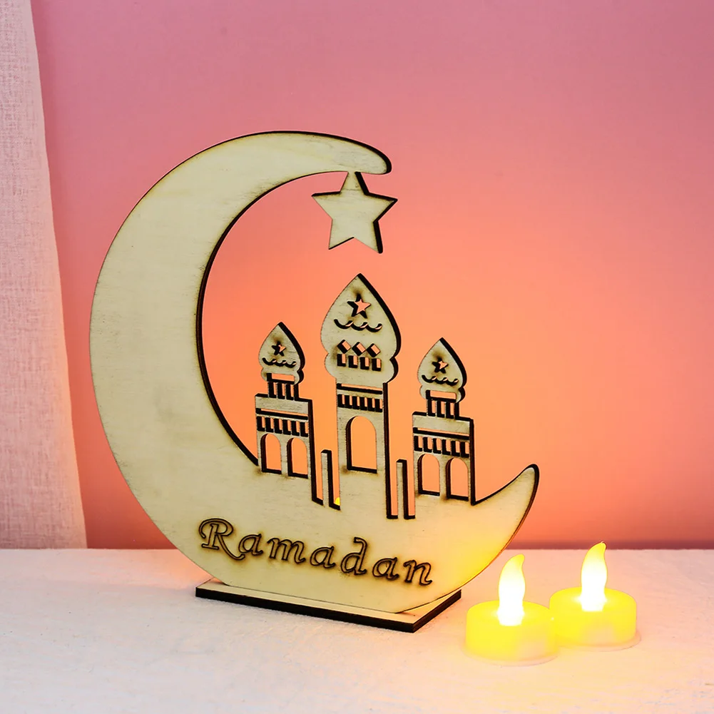

Wooden Moon Star LED Lights Desktop Ornament Eid Mubarak Muslim Islam Ramadan Festival Decorations Art Craft For Home