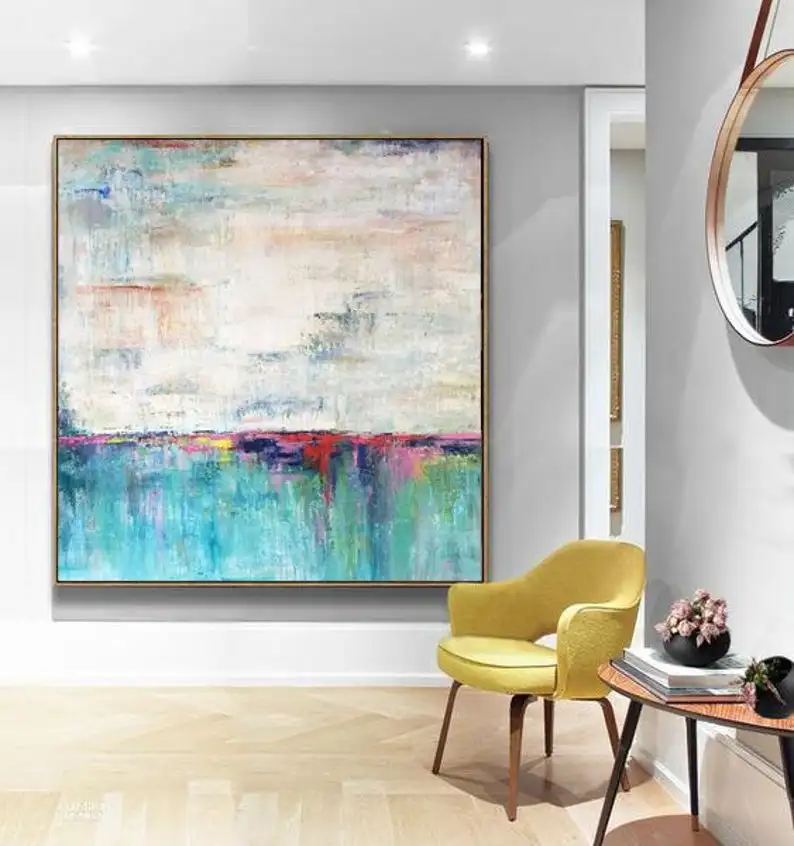 Абстрактная живопись большая Бирюзовая картина бежевая текстура абстрактная