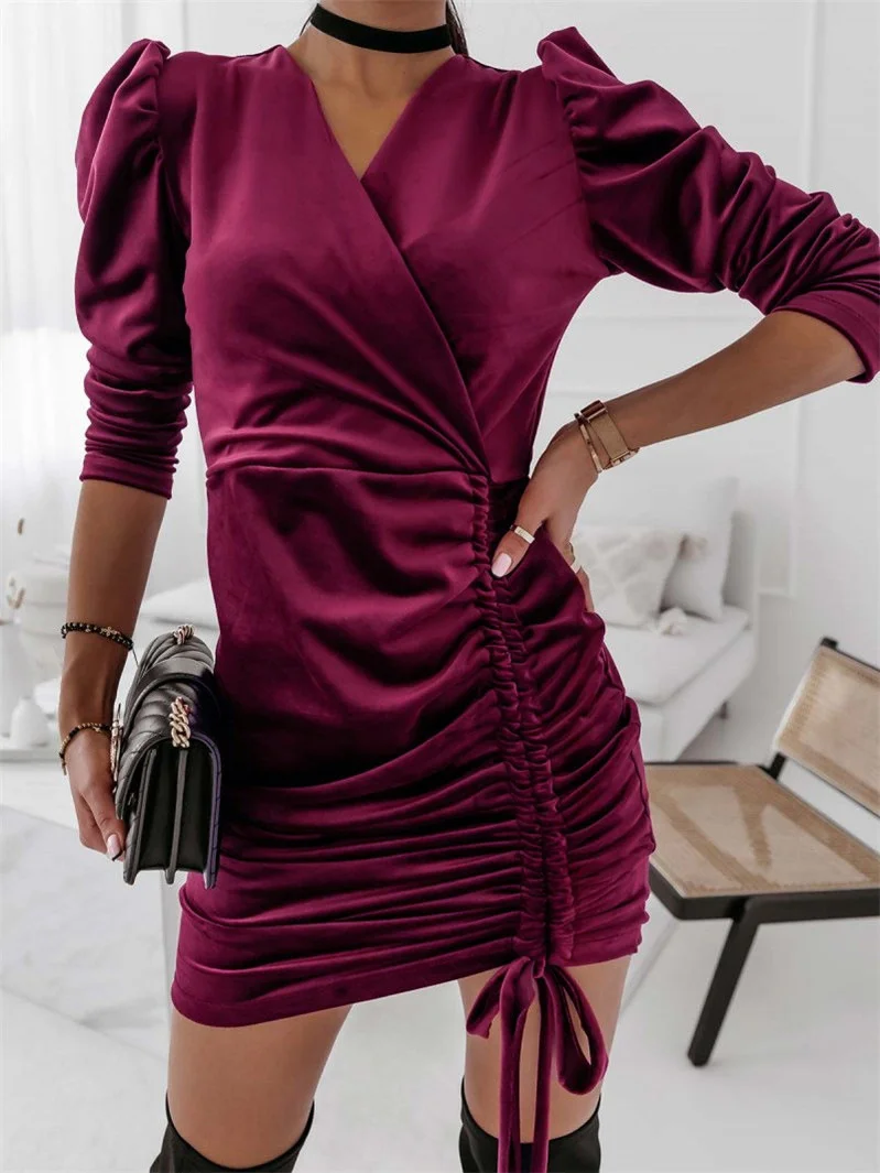 

Women's Autumn Winter Velvet Bubble Sleeve V-neck Drawstring Hip Wrap Dress