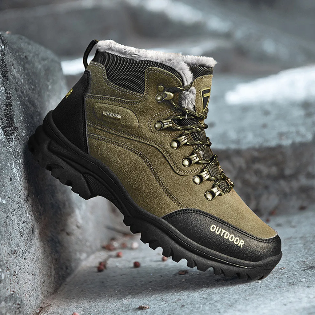 

Man's Winter Hiking Sneakers Outdoor Non Slip High Top Sports Shoes Lace Up Camping Booties Man Waterproof Warm Plush Sneakers