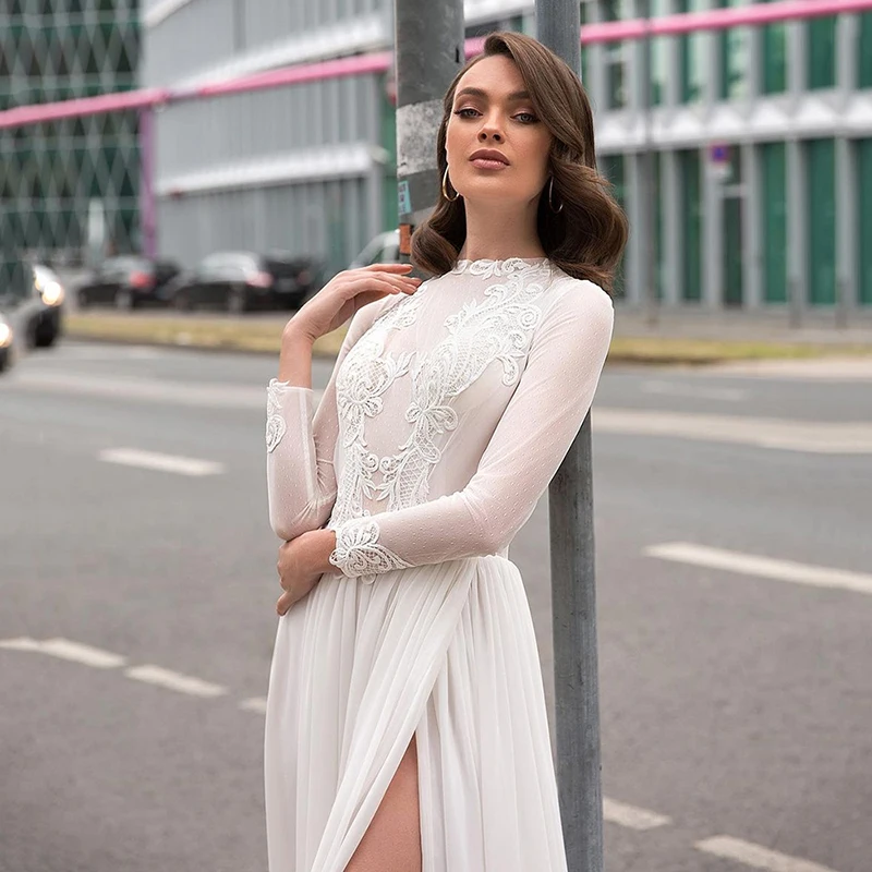 

2021 Summer On Sale Charming Long Sleeves Bridal Wedding Dresses High Neck Side Slit Wedding Gowns for Bride Backless Appliqued