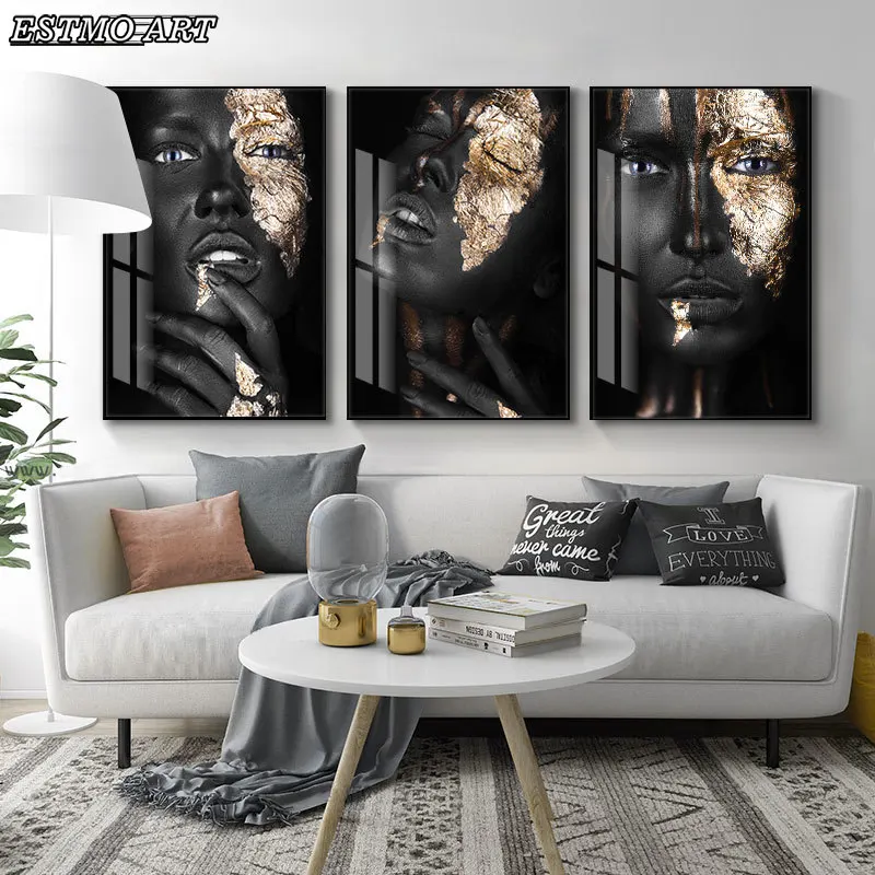 

Home Decoration Posters Gold Fashion Sexy Black Dark Skinned Woman Portrait Art Wall Modern Canvas Painting Home Decor Paintings