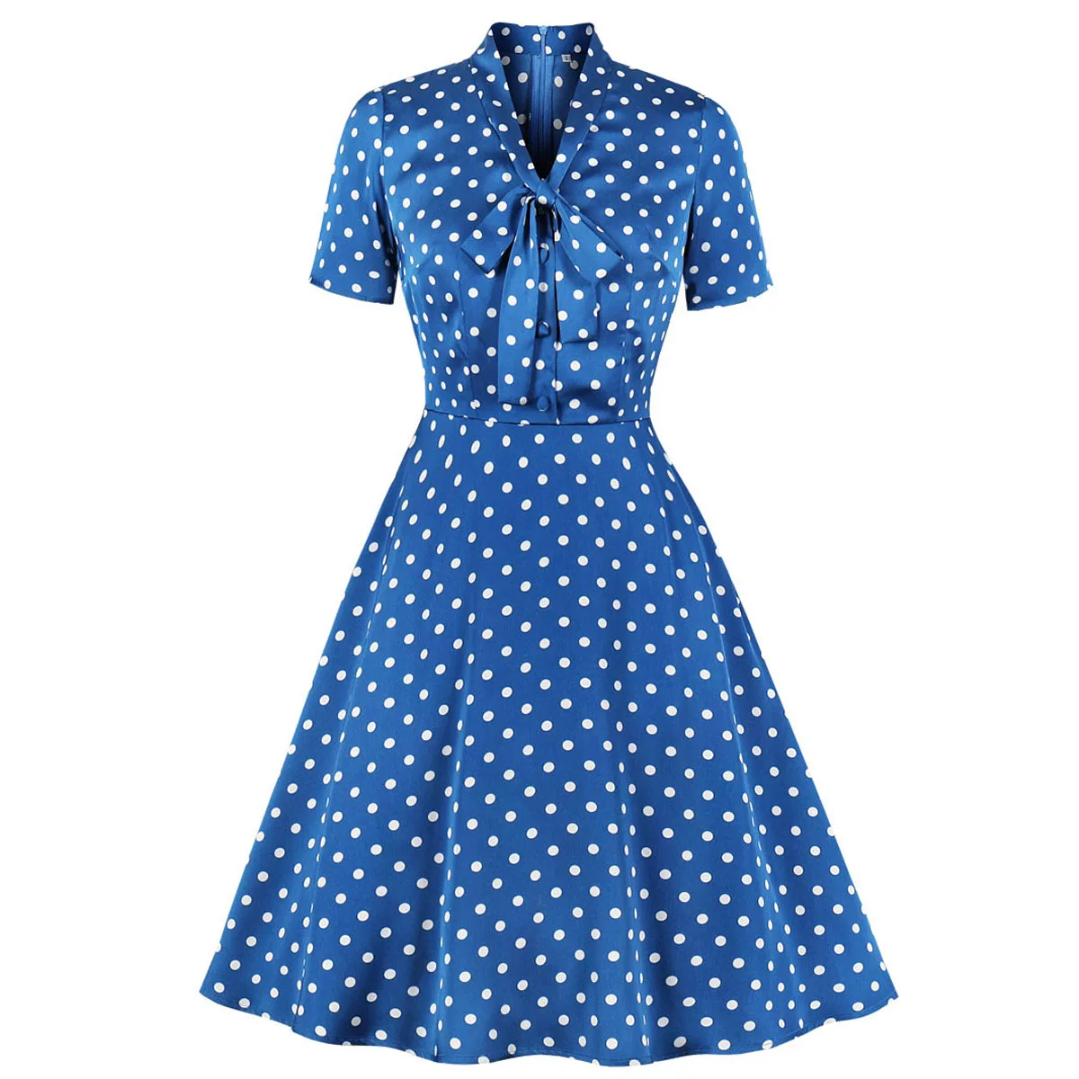 

Fashion Polka Dot Midi Dress for Women Blue O Neck Short Sleeve Swing Dresses Ladies Streetwear Summer Vestidos 2021