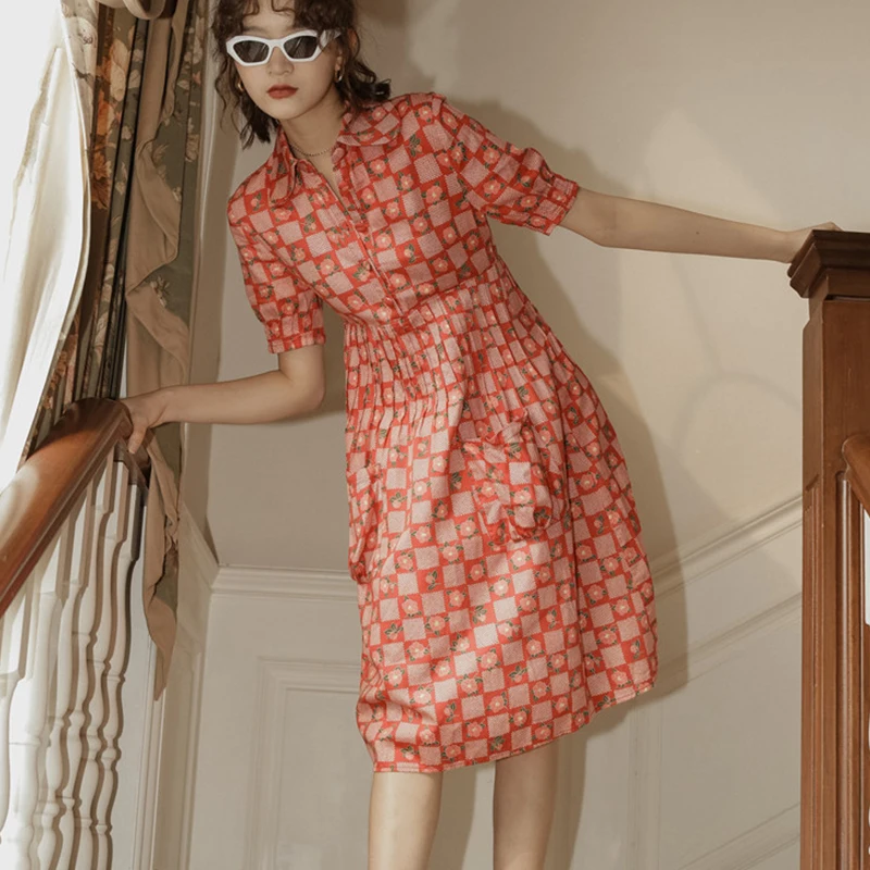 

2021 Summer Korean Vintage Doll Collar Contrast Color Plaid Pattern Women Dress Print Short Sleeve Elegant Casual Female Dress