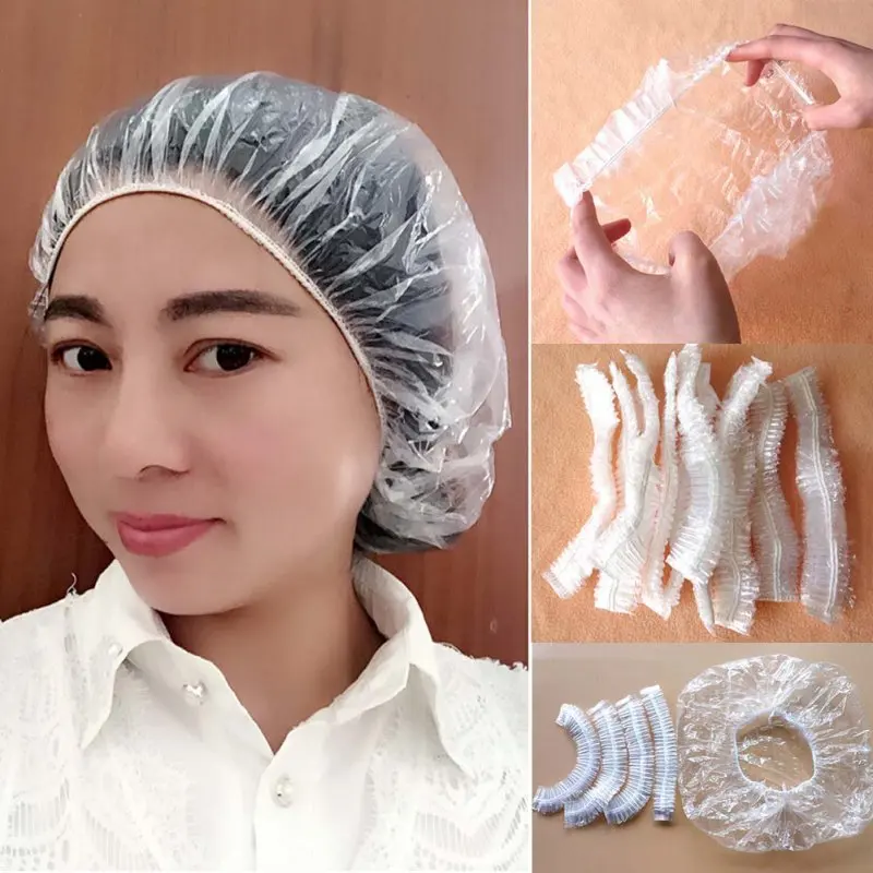 

100pcs Transparent Shower Caps Disposable Waterproof Portable Hotel Household Shower Cap Household Supplies