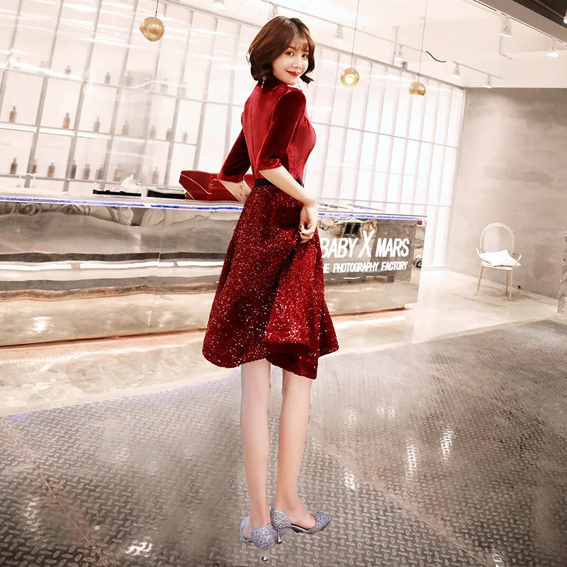 

Burgundy Women Mid-Length Velour Evening Party Dresses Sexy V-Neck Bride Wedding Pleated Dress Elegant Slim Vestidos Gown S-3XL