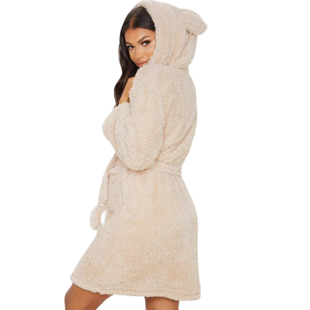 Women Warm Kimono Robe Plush Fleece Bathrobes Soft Long Sleeve Animals Ears Hooded Night-robe Loungewear Pajama Sleepwear | Женская