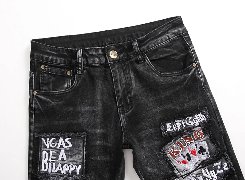 Fashion Streetwear Jeans Men Black Printing Embroidery Homme Ripped Heren Biker Stretch Pants Slim Male Casual Denim Trousers