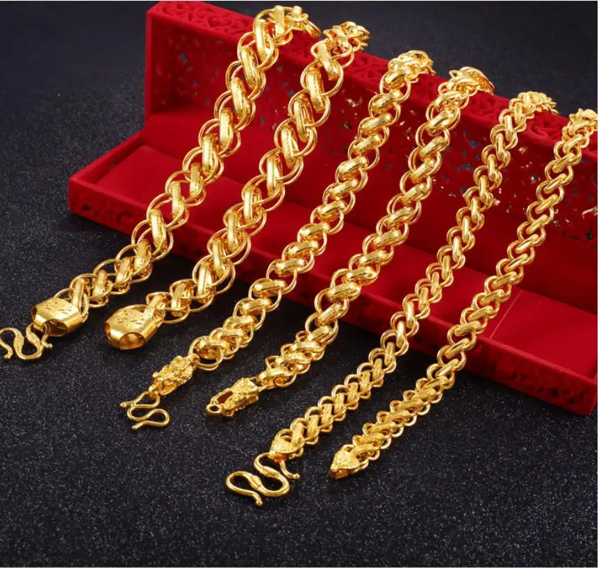 

Hi horsewhip ! Hot 60cm thicken link 24k Real Yellow Solid Gold plated Men's Necklace Chain fu birthday Jewelry male 8 10 12mm