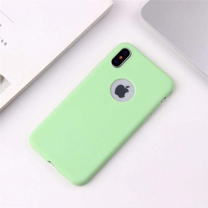 Mint Чехол конфетного цвета с отверстием для iphone 7, 8, 6, 6s Plus, X, XS, MAX, XR, 10, милая девушка, матовый Мягкий силиконовый чехол для телефона - Цвет: Mint