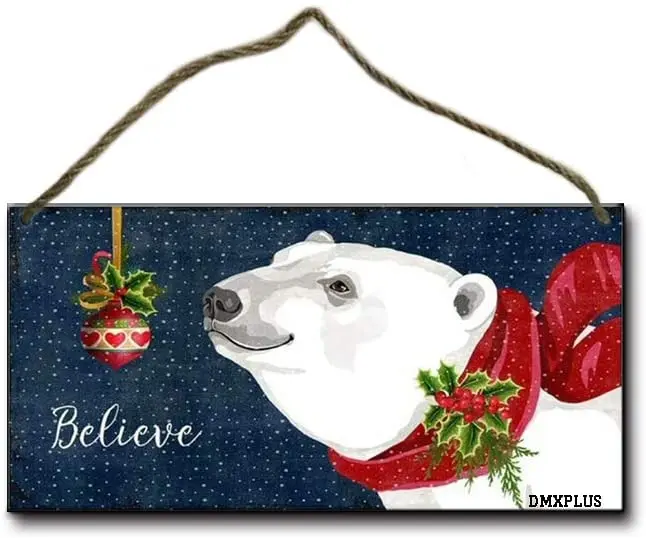 

LERJIMUX Believe - Christmas Polar Bear Sign Home Decor Wood Sign Plaque Hanging Wall Art, Decorative Holiday Sign,Garden