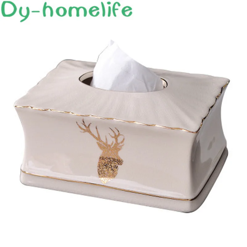 

19*14CM European-style Hand-painted Golden Multifunctional Gold Elk Ice Crack Ceramic Tissue Box Home Storage Supplies Ornaments
