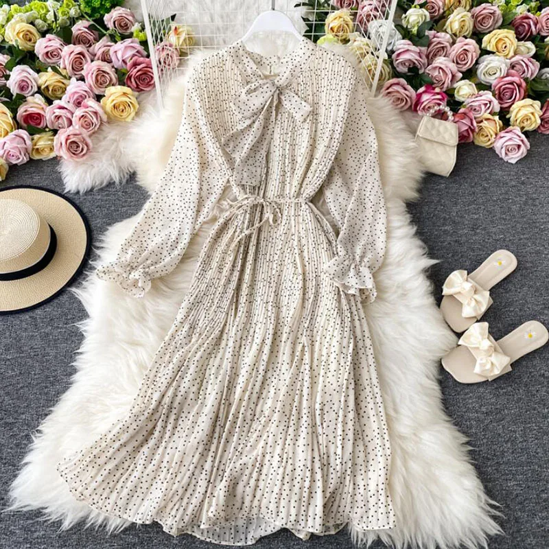 

Spring Autumn Green/Beige Polka Dot Chiffon Midi Dress Women Elegant Bow Collar Long Sleeve Slim Pleated Vestidos Fashion