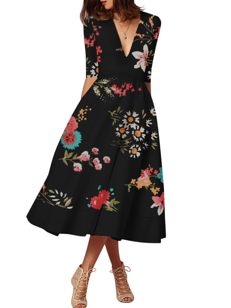 Женское Цветочное платье макси офисное с V образным вырезом и средним рукавом в