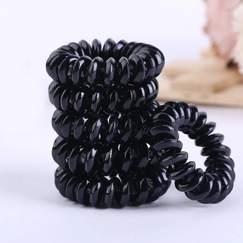 

10Pcs/Lot Size 3.5CM Girls Transparent & Black Elastic Rubber Telephone Wire Ties Plastic Rope Hair Band Accessories