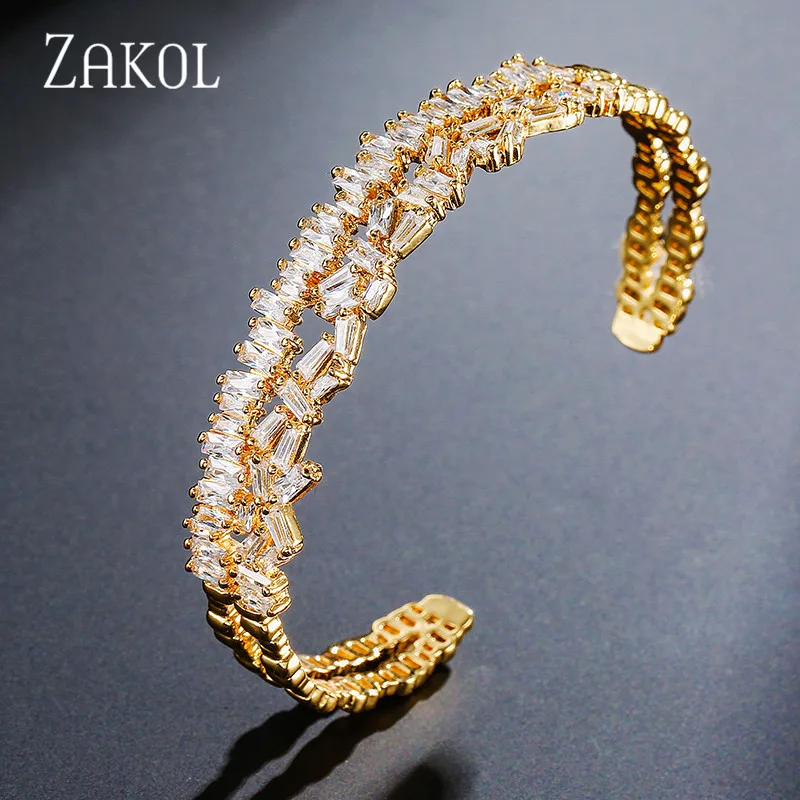 

ZAKOL Luxury Brand Design Fashion AAA Cubic Zircon Multi-layered Baguette Bracelet Cuff Bangle for Women Gift Jewelry FSBP152