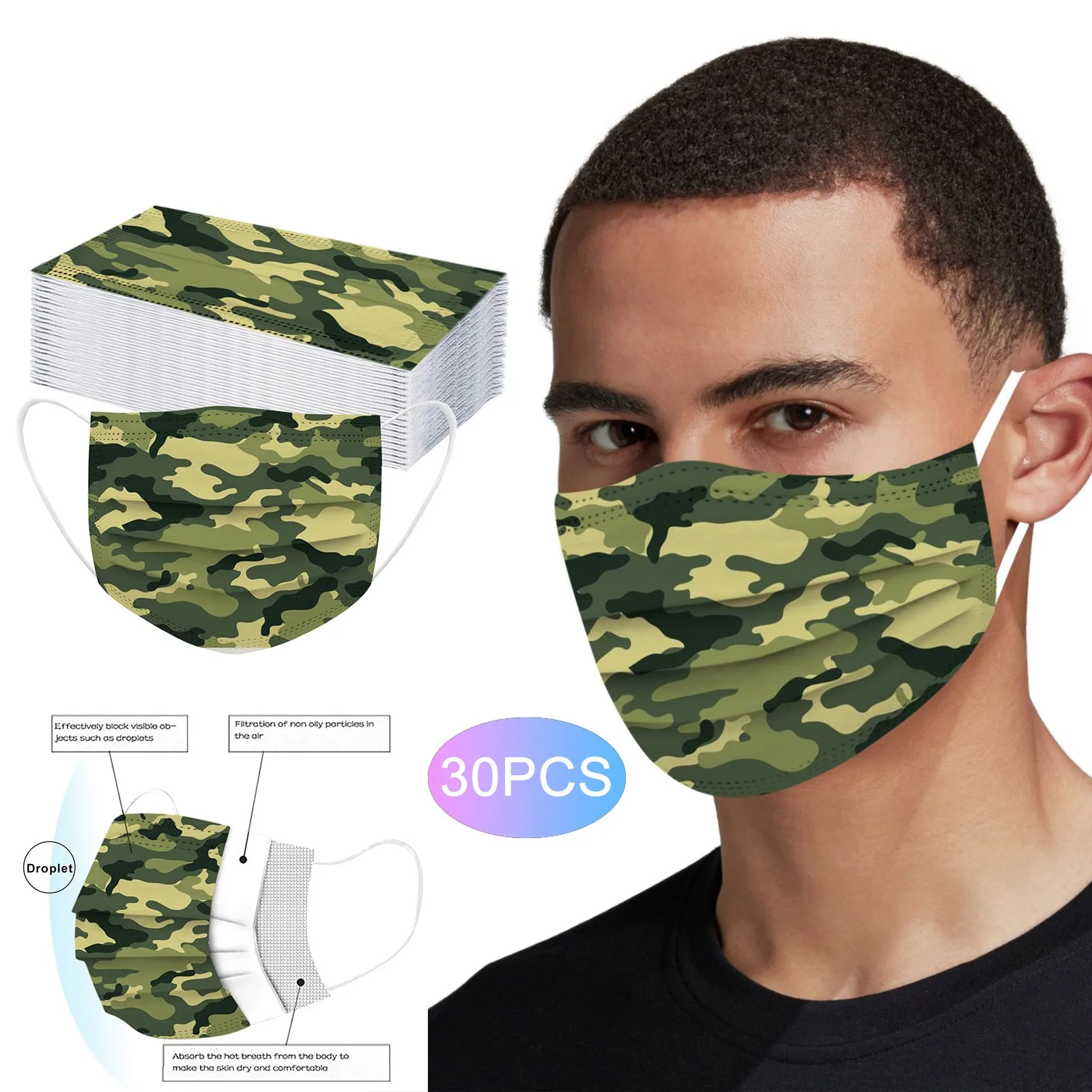 

Маска с камуфляжным принтом, Пылезащитная дышащая марля, одноразовая 3-слойная маска для лица унисекс с фильтром, масшерин, мягкая маска для ...