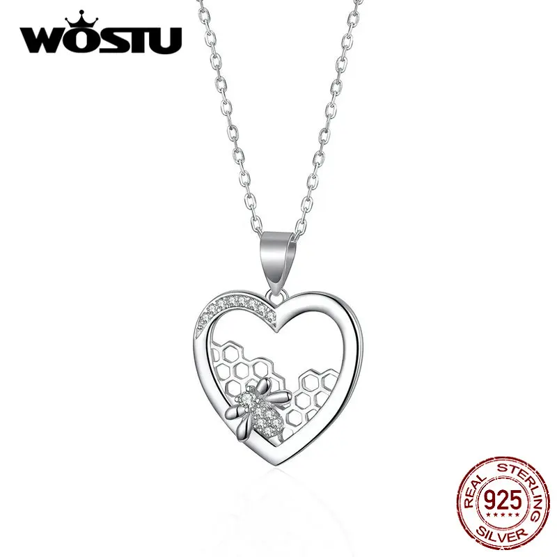 WOSTU, 925 пробы, Серебряное сердце, ожерелья, соты, пчела, подвеска, звено цепи для женщин, юбилей, любителя, роскошные ювелирные изделия CQN356