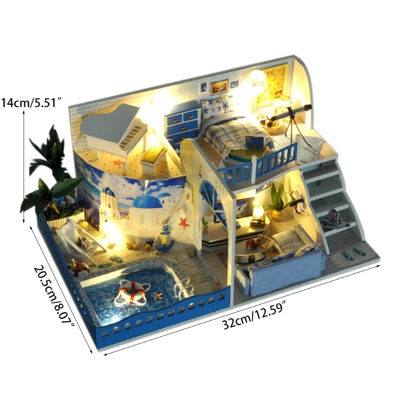 

New Dollhouse Miniature with Furniture, DIY Wooden House Kit Plus Dust Proof , 1:24 Tiny House Building Kit( Aegean Sea