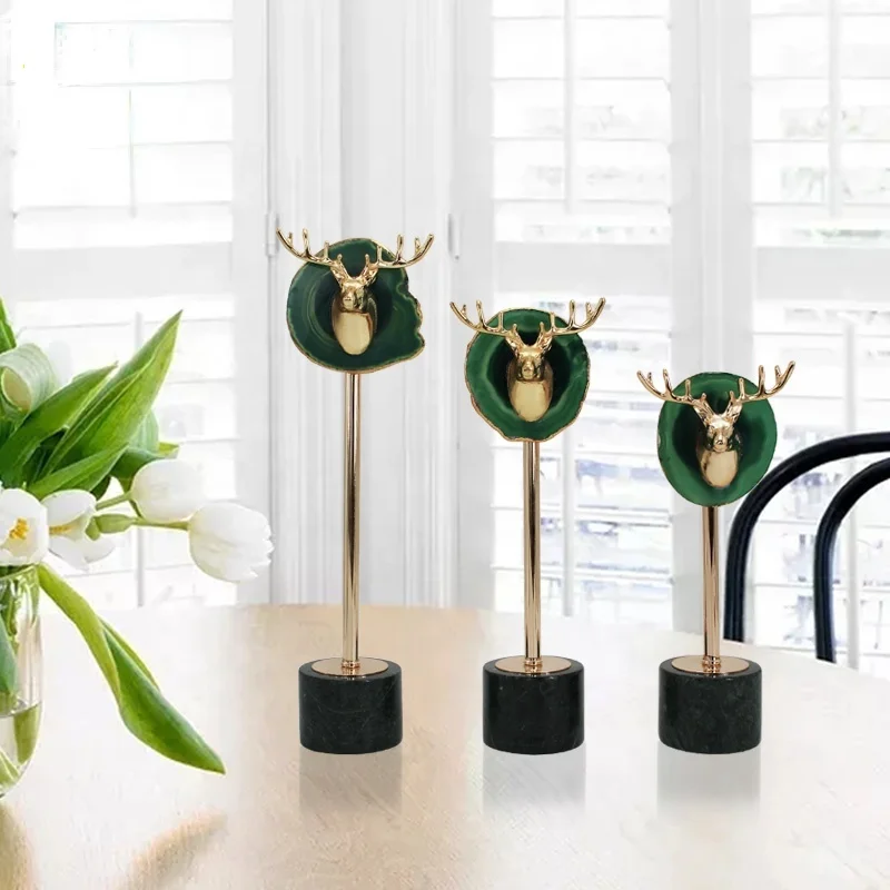 Nordic style metal decoration marble base luxury golden deer head ornaments for living room home