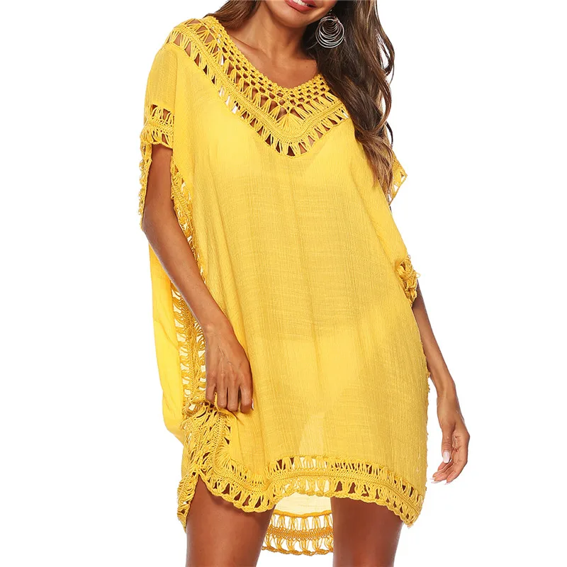 

2021 Beach Cover Up Crochet Knitted Tassel Tie Beachwear Tunic Long Pareos Summer Swimsuit Cover Up Sexy See-through Beach Dress