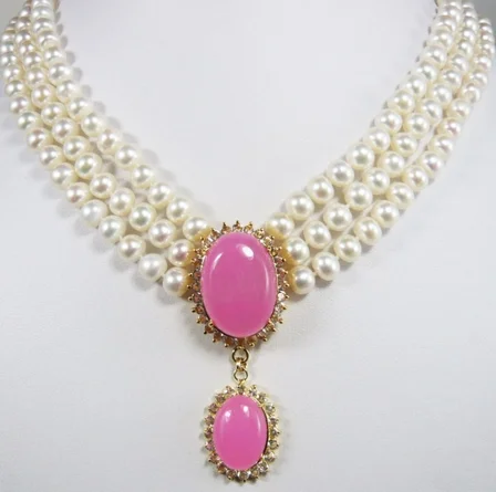 

Christmas Beautiful 3 rows 7-8MM Freshwater White pearl & Pink Jade pendant necklace