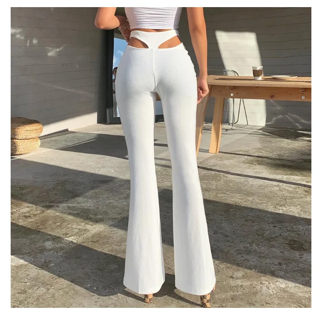 Women Solid Color Sexy Cut Out Pants Slim Fitness Cotton Pants Hollow Out Flare Pants Streetwear Bell Bottom Pants Trousers Low
