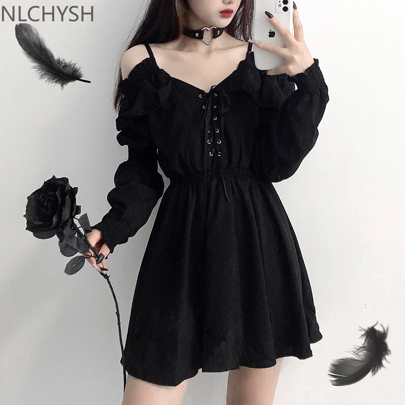 

Women Dress Plus Size 4XL Lace Up Black Autumn 2020 Sexy High Waist Femme Dresses Off Shoulder Long Sleeve Gothic Clothes