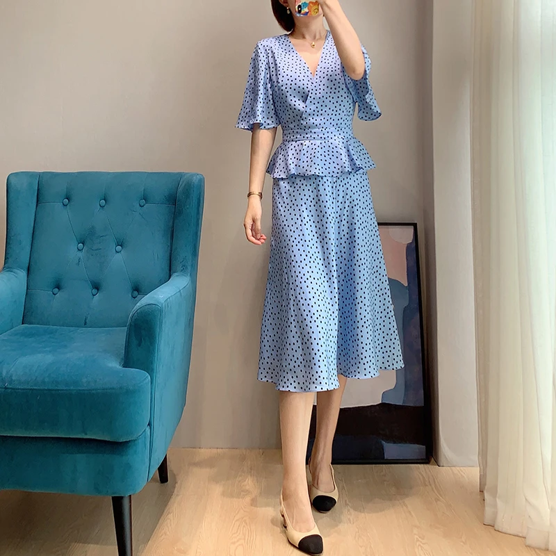 

My Elegant Fashion Dress UK Collections V Neck Blue Spot Peplum Flare Sleeves Size 0-4