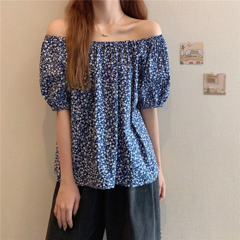 

Slash Neck Shirts Women Korean Loose French Shirts Puff Sleeve Elegant New 2021 Female Top Popular Summer Chic Leisure Ins T515
