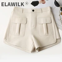 korean style women high quality genuine leather shorts autumn high rise leather wide leg shorts c747