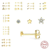 gs 3pcsset crystals geometry stud earrings for women small star round piercings earring 925 sterling silver jewelry oorbellen