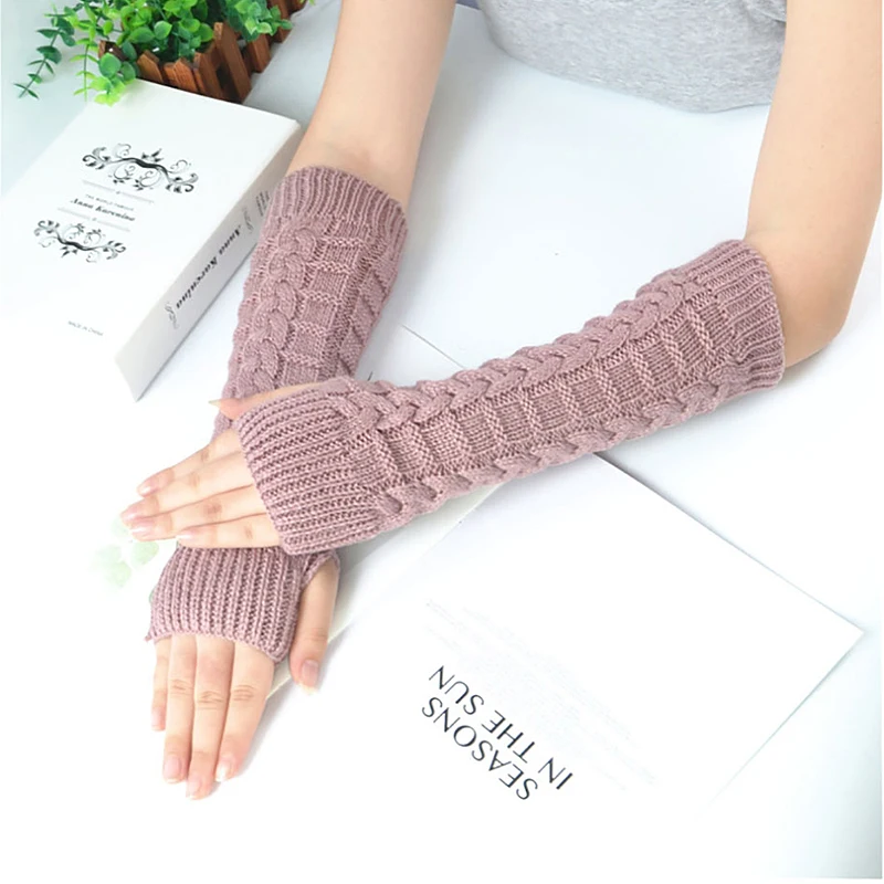 

Women Knitted Twisted Half Finger Covered Long Arm Warmer Female Winter Warm Glove Cotton Soft Elastic