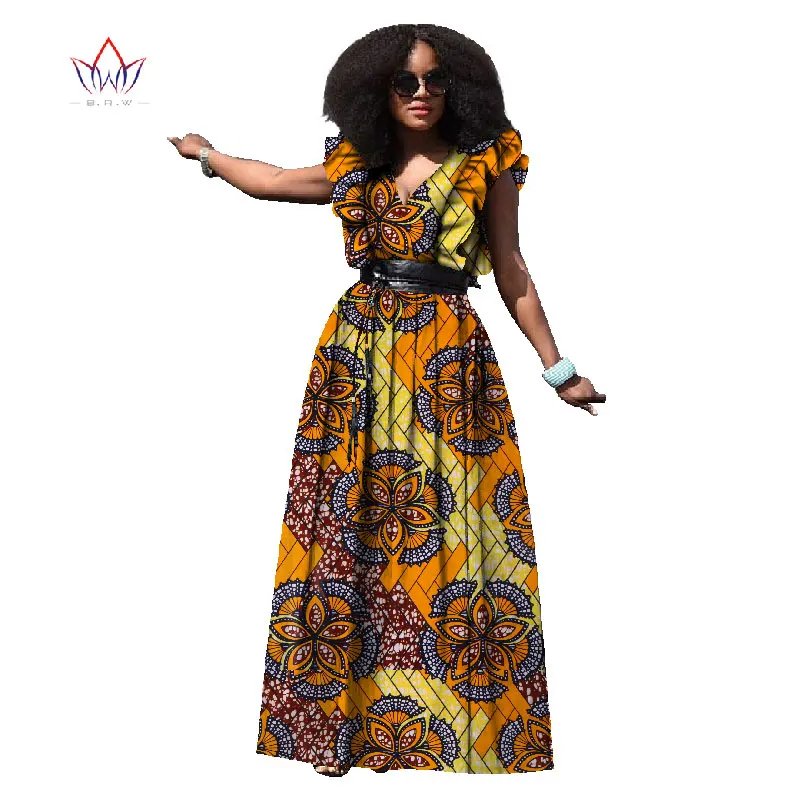 

African Dresses for Women in African Clothing Dashiki Women Lotus Sleeve V-Neck Plus Size Women Clothing Maxi Dress BRW WY115
