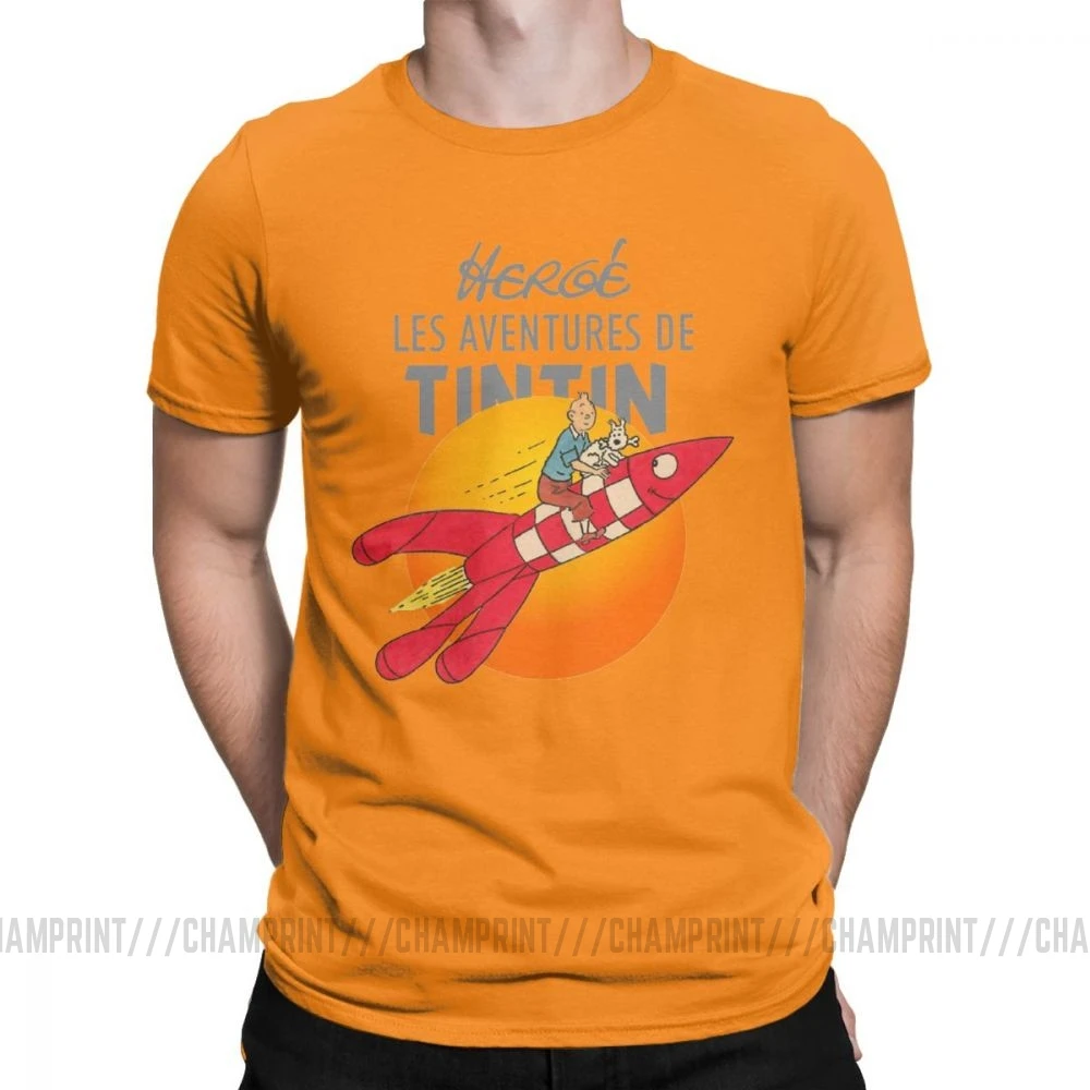 Мужские футболки TINTIN The adventures Of Tintin винтажные хлопковые футболки с коротким рукавом Одежда с вырезом лодочкой топы размера плюс - Цвет: Оранжевый